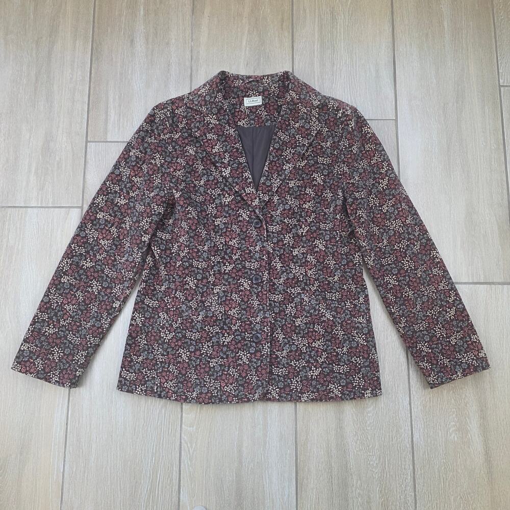 L.L.Bean Corduroy Blazer Womens M Brown Floral Jacket Fully Lined Fall Cottage
